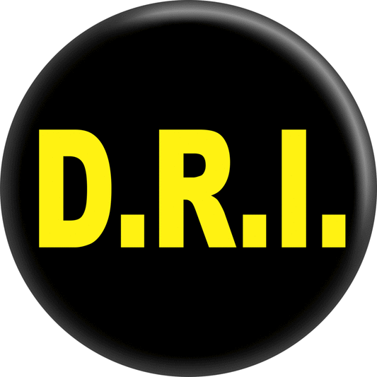 D.R.I. - Yellow On Black Pin-on Button - 1 Inch